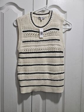 Madewell Cream and Black Crochet Knit Sleeveless Sweater Top